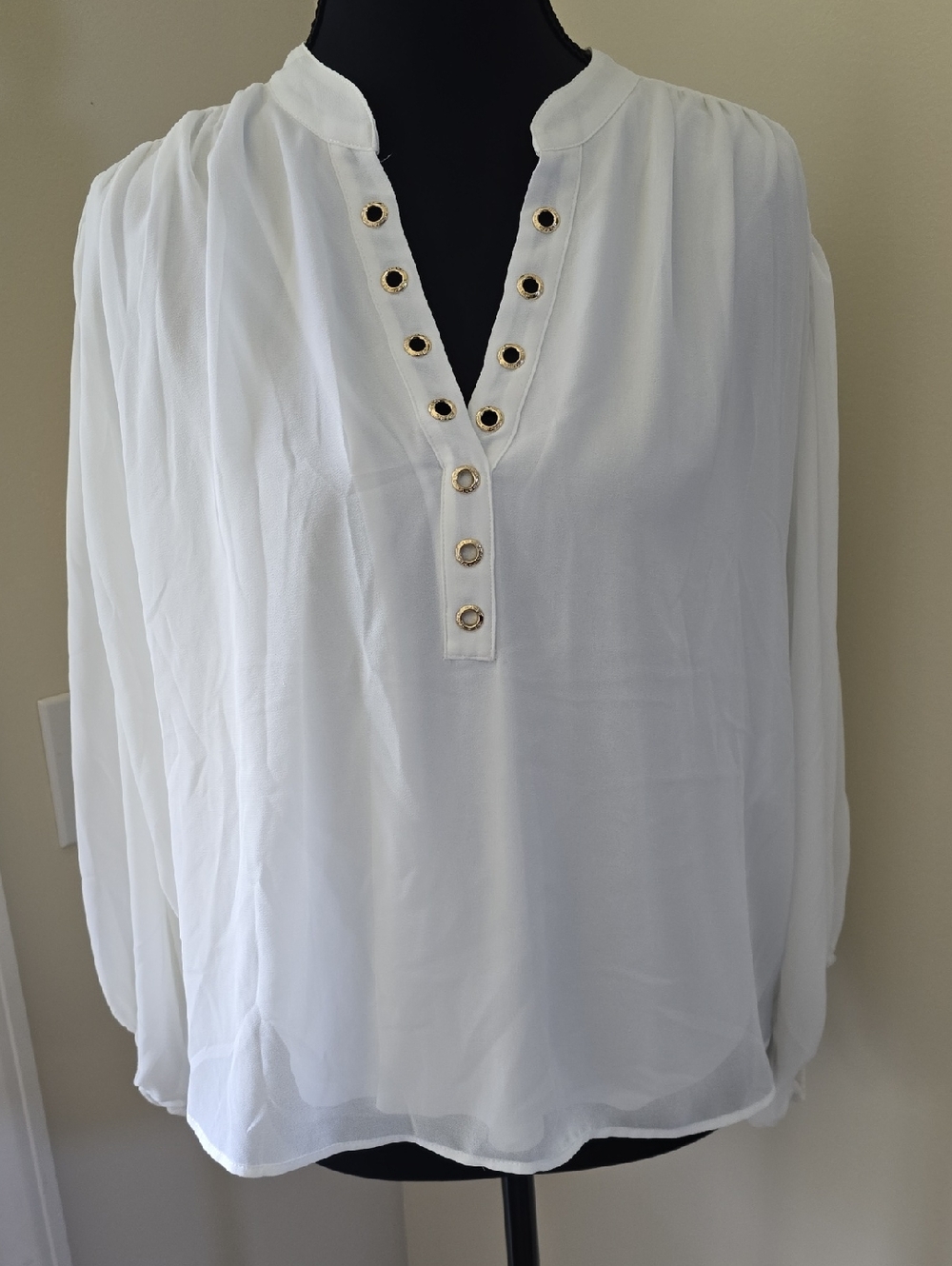 White V-Neck Blouse with Gold Grommet Accents